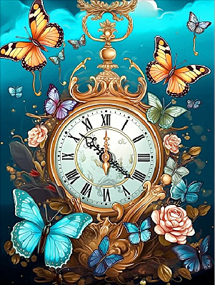 AB luxurious polyester cloth diamond Painting Kits | Butterfly flutters beside the clock