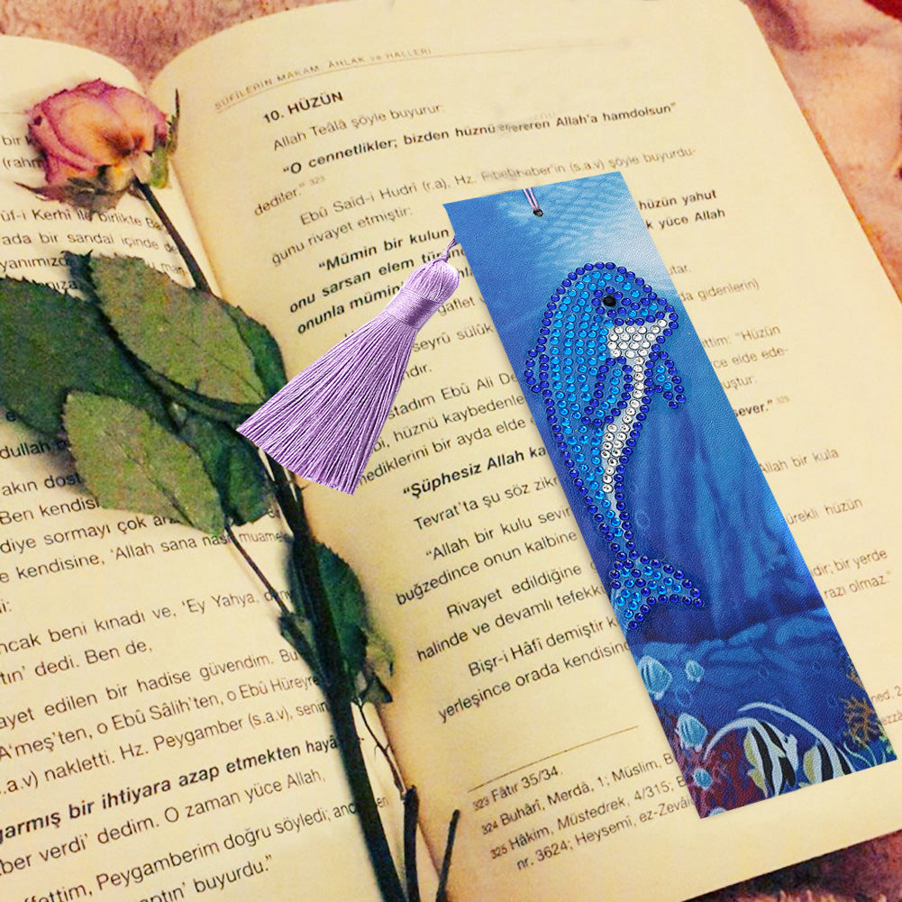 DIY Dauphin Special Shaped Diamond Painting Leather Bookmark with Tassel