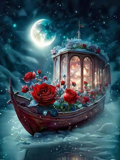AB luxurious polyester cloth diamond Painting Kits | Boat with Flowers